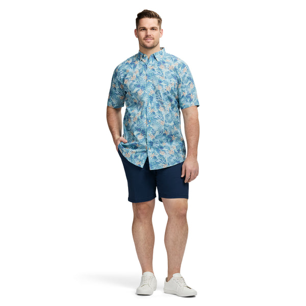 BIG & TALL DOCKSIDE SHORT SLEEVE CHAMBRAY PRINTED SHIRT - CHAMBRAY BLUE