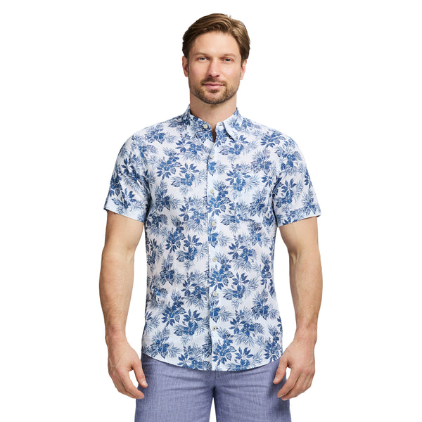 DOCKSIDE PRINTED CHAMBRAY SHORT SLEEVE BUTTON DOWN SHIRT - BRIGHT WHITE