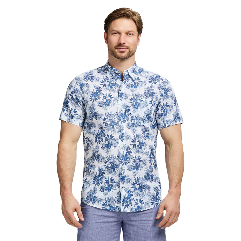 DOCKSIDE PRINTED CHAMBRAY SHORT SLEEVE BUTTON DOWN SHIRT - BRIGHT WHITE