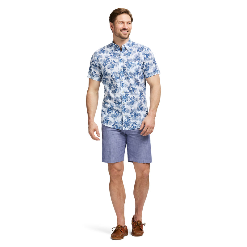 DOCKSIDE PRINTED CHAMBRAY SHORT SLEEVE BUTTON DOWN SHIRT - BRIGHT WHITE