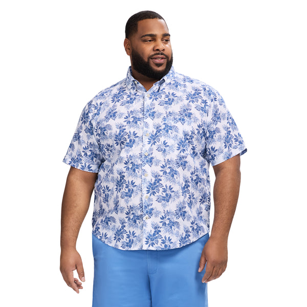 BIG & TALL DOCKSIDE PRINTED CHAMBRAY SHORT SLEEVE BUTTON DOWN SHIRT - BRIGHT WHITE