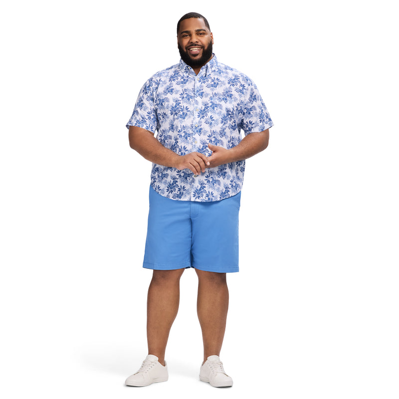 BIG & TALL DOCKSIDE PRINTED CHAMBRAY SHORT SLEEVE BUTTON DOWN SHIRT - BRIGHT WHITE