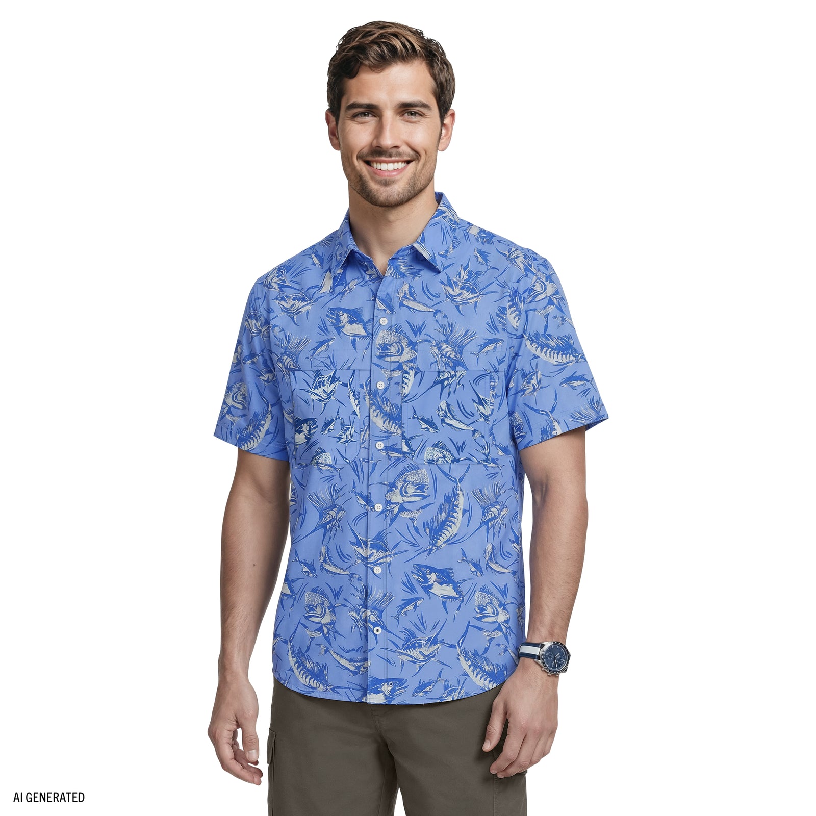 Sunshield Performance S/S Printed Button-Down Shirt - Cornflower