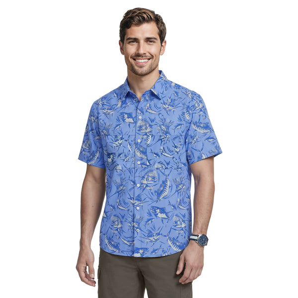 SUNSHIELD PERFORMANCE S/S PRINTED BUTTON-DOWN SHIRT - CORNFLOWER