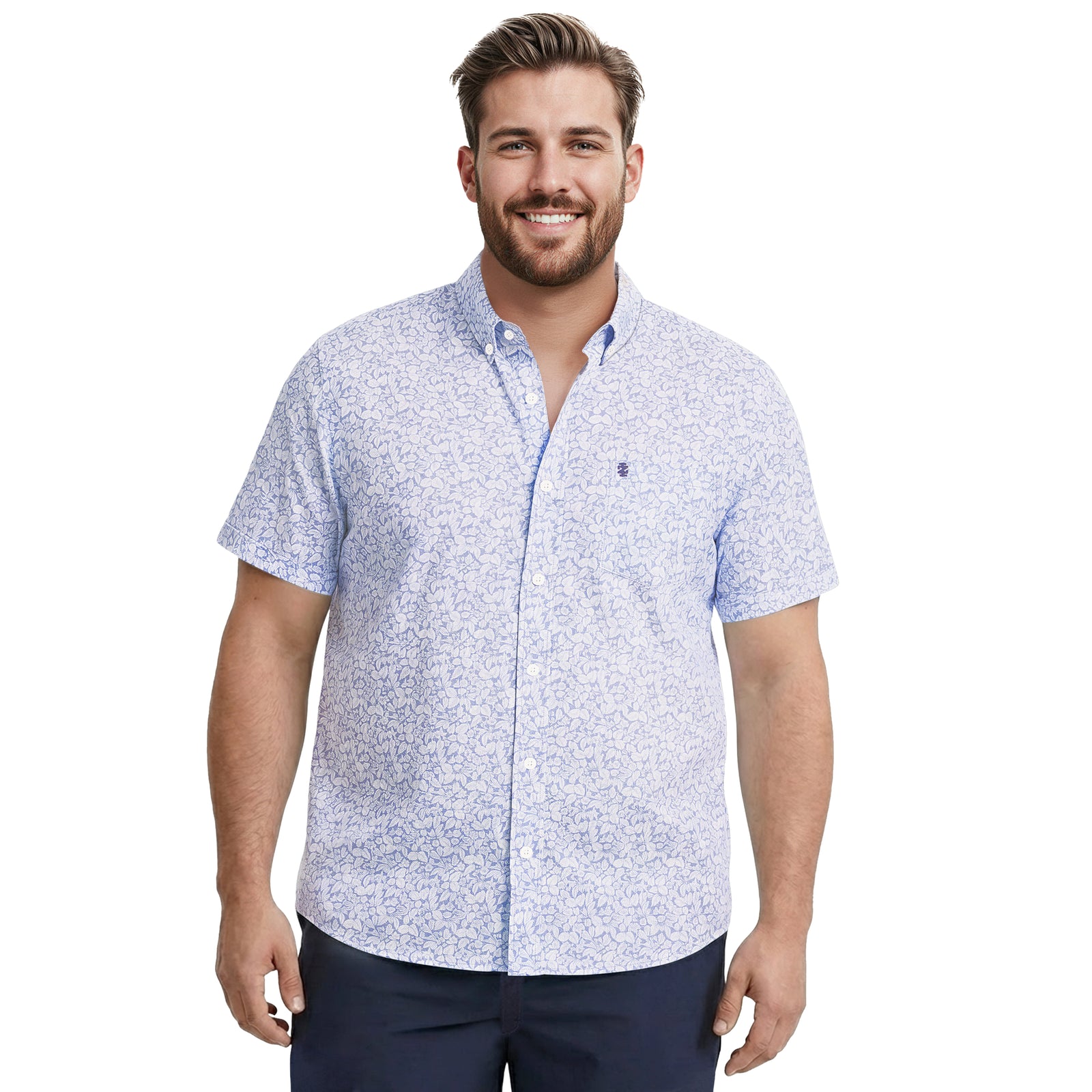 BIG & TALL BREEZE S/S PRINTED BUTTON-DOWN SHIRT - CORNFLOWER BLUE