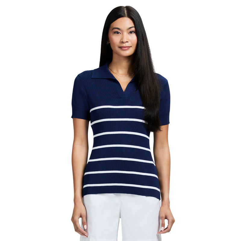 JOANA PERFORMANCE STRETCH COLLARED STRIPED SHORT SLEEVE SWEATER - MEDIEVAL BLUE