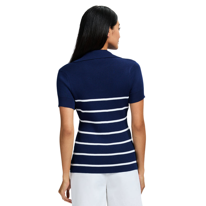 JOANA PERFORMANCE STRETCH COLLARED STRIPED SHORT SLEEVE SWEATER - MEDIEVAL BLUE