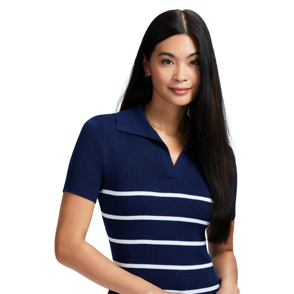 JOANA PERFORMANCE STRETCH COLLARED STRIPED SHORT SLEEVE SWEATER - MEDIEVAL BLUE