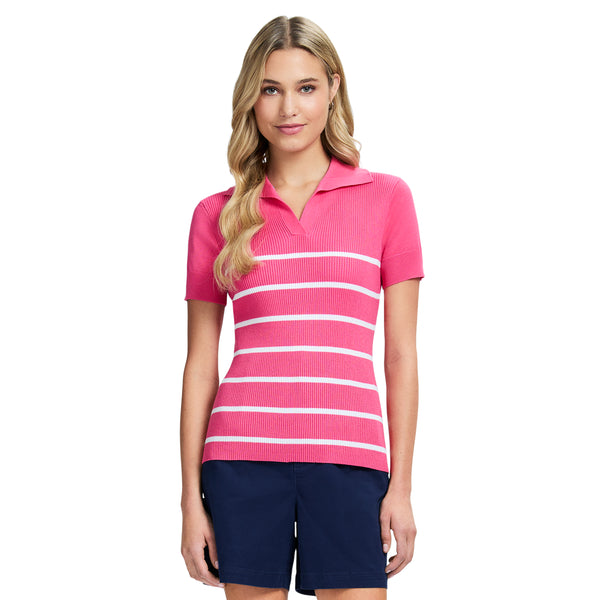 JOANA PERFORMANCE STRETCH COLLARED STRIPED SHORT SLEEVE SWEATER - HOT PINK