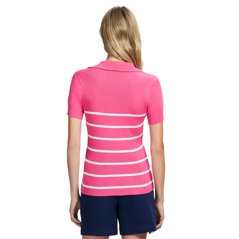 JOANA PERFORMANCE STRETCH COLLARED STRIPED SHORT SLEEVE SWEATER - HOT PINK