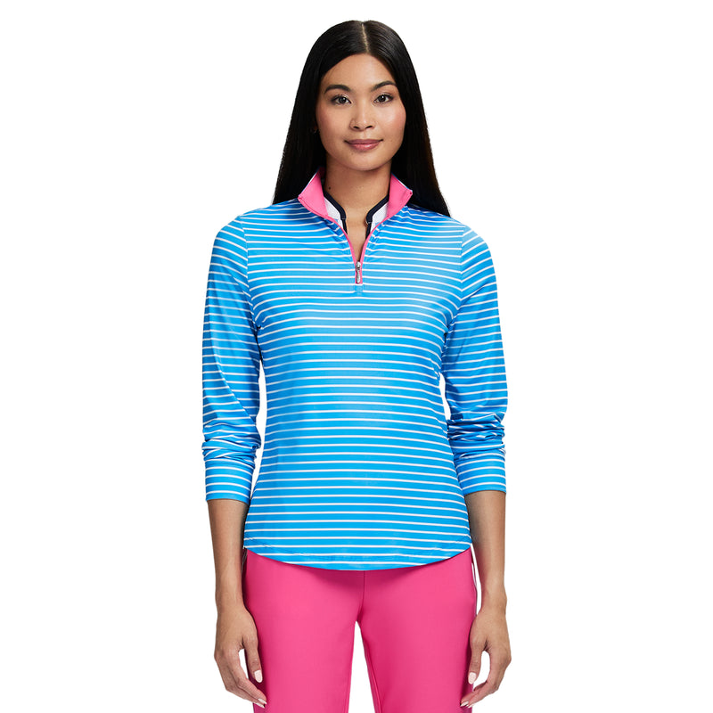 ZABRINA PERFORMANCE STRETCH LONG SLEEVE STRIPED ZIP PULLOVER - AZURE BLUE