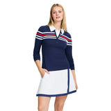 ZOEY STRIPED QUARTER ZIP SWEATER - MEDIEVAL BLUE