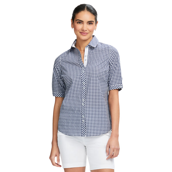 MARIA ½” SLEEVE GINGHAM TOP - MEDIEVAL BLUE