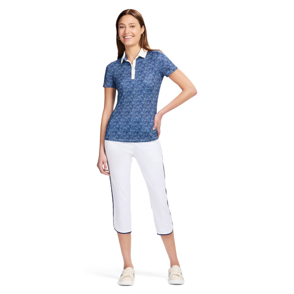 ALLY PRINTED SHORT SLEEVE POLO - MEDIEVAL BLUE