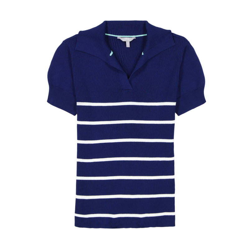 JOANA PERFORMANCE STRETCH STRIPED SHORT SLEEVE SWEATER POLO - MEDIEVAL BLUE