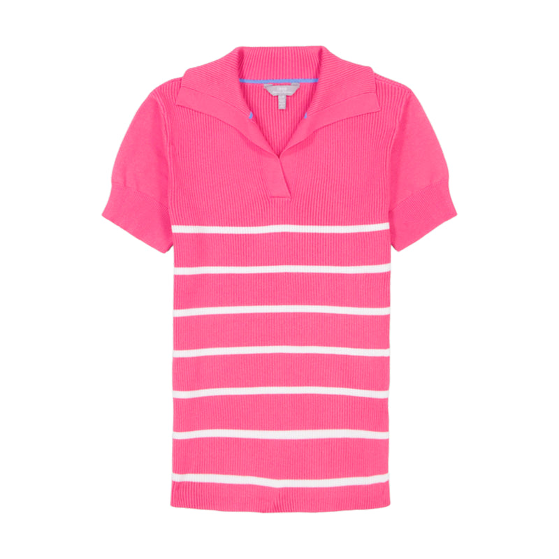 JOANA PERFORMANCE STRETCH COLLARED STRIPED SHORT SLEEVE SWEATER - HOT PINK