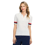 RAQUEL SHORT-SLEEVE POINTELLE SWEATER POLO - BRIGHT WHITE