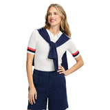 RAQUEL SHORT-SLEEVE POINTELLE SWEATER POLO - BRIGHT WHITE