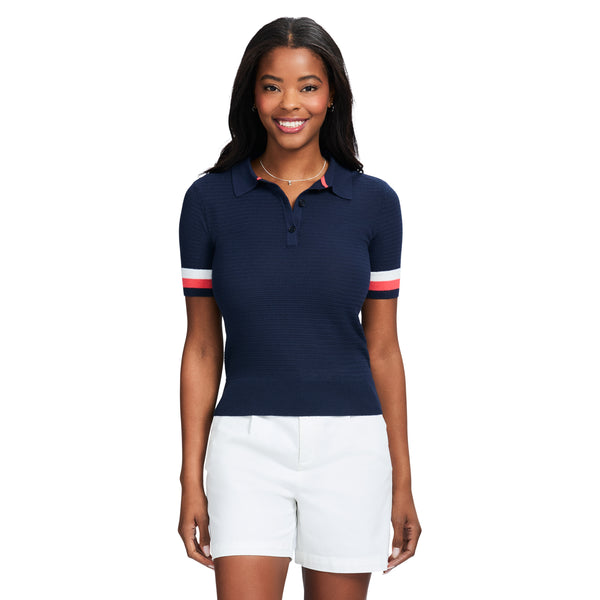 RAQUEL SHORT SLEEVE POINTELLE SWEATER POLO - MEDIEVAL BLUE – IZOD