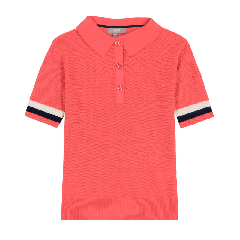 RAQUEL SHORT-SLEEVE POINTELLE SWEATER POLO - CAYENNE