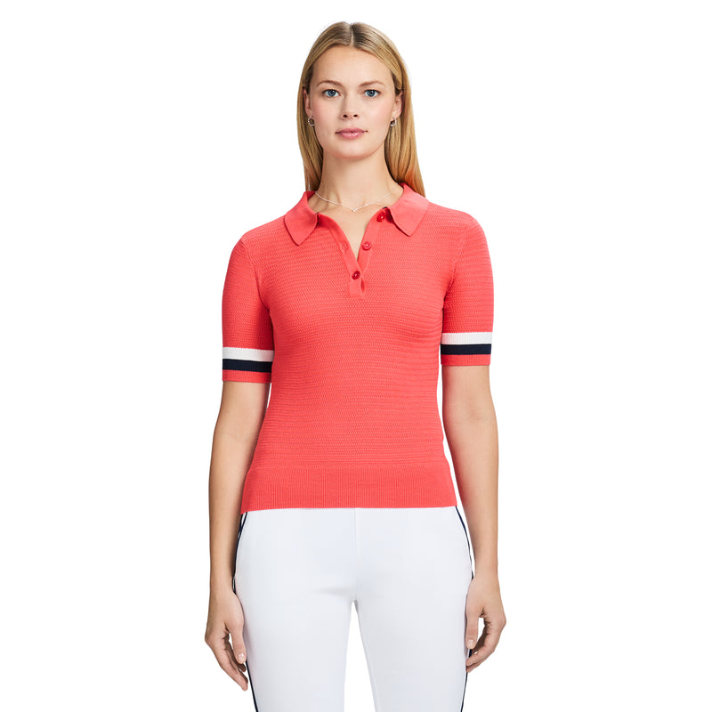 RAQUEL SHORT-SLEEVE POINTELLE SWEATER POLO - CAYENNE