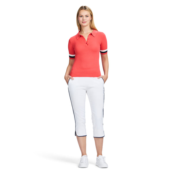 RAQUEL SHORT-SLEEVE POINTELLE SWEATER POLO - CAYENNE