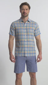 MADRAS PLAID SHORT SLEEVE BUTTON DOWN SHIRT - ALMOND CREAM