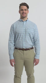 BIG & TALL PERFORMANCE COMFORT LONG SLEEVE PLAID BUTTON DOWN SHIRT - CRYSTAL BLUE