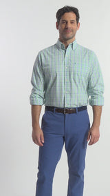 PERFORMANCE COMFORT LONG SLEEVE PLAID BUTTON DOWN SHIRT - BIRDS EGG GREEN