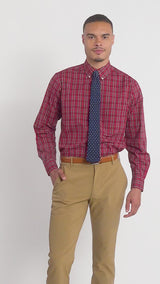 ALL OVER STRETCH TARTAN BUTTON DOWN DRESS SHIRT - REAL RED