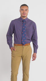 ALL OVER STRETCH TARTAN BUTTON DOWN DRESS SHIRT - MEDIEVAL BLUE