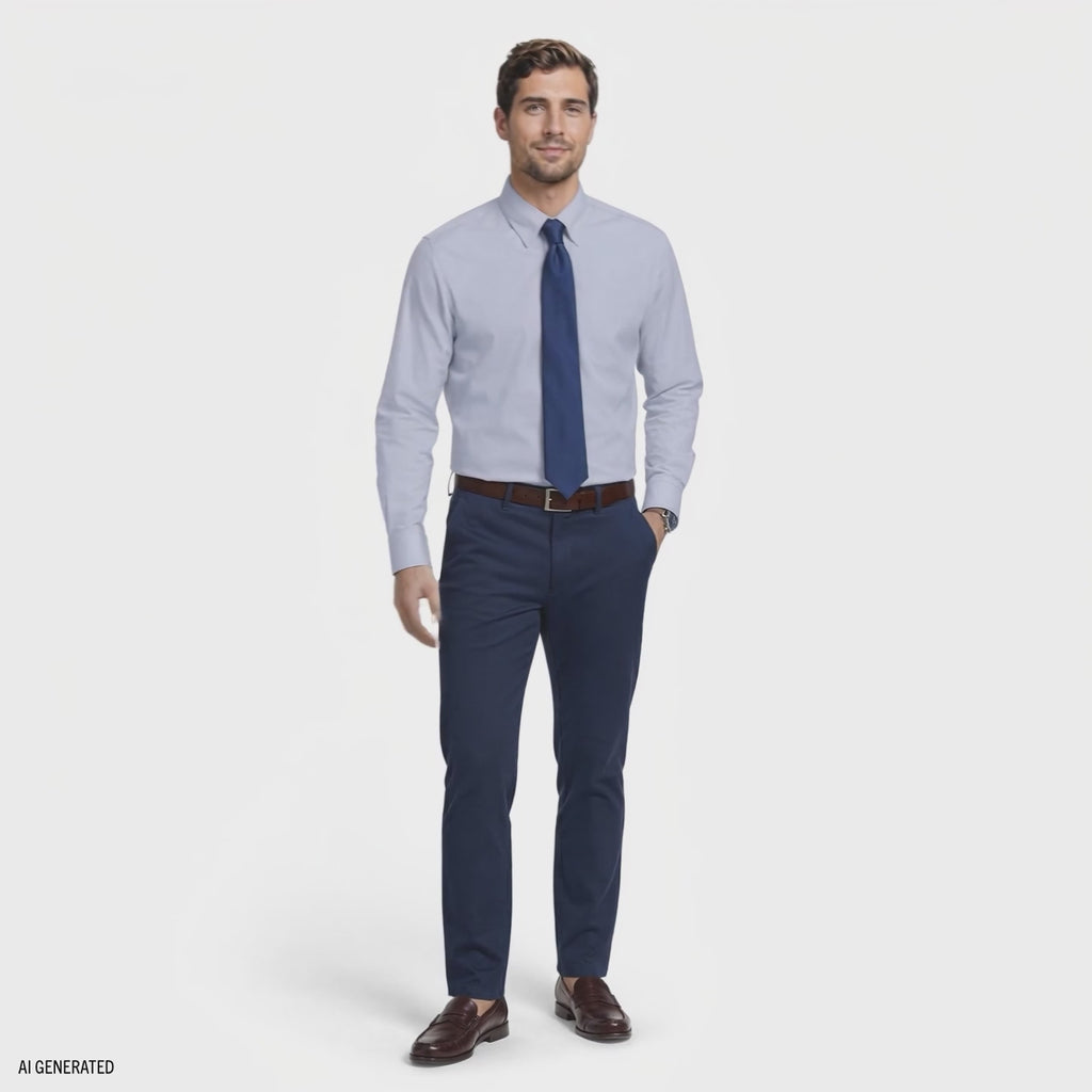blue dress shirt gray pants Performance Pique Button Down | Navy Grey Check Dress Pants with