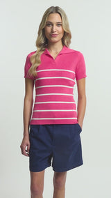 JOANA PERFORMANCE STRETCH STRIPED SHORT SLEEVE SWEATER POLO - HOT PINK
