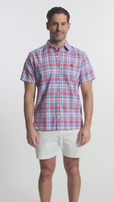 MADRAS PLAID SHORT SLEEVE BUTTON DOWN SHIRT - HOLLY BERRY