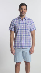 MADRAS PLAID SHORT SLEEVE BUTTON DOWN SHIRT - VIOLA