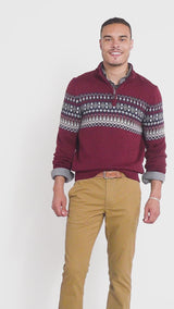 HOLIDAY FAIRISLE 
QUARTER ZIP SWEATER - VELVET MAROON