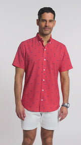 BREEZE SHORT SLEEVE PRINTED BUTTON DOWN SHIRT - HOLLY BERRY