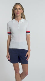 RAQUEL SHORT-SLEEVE POINTELLE SWEATER POLO - BRIGHT WHITE