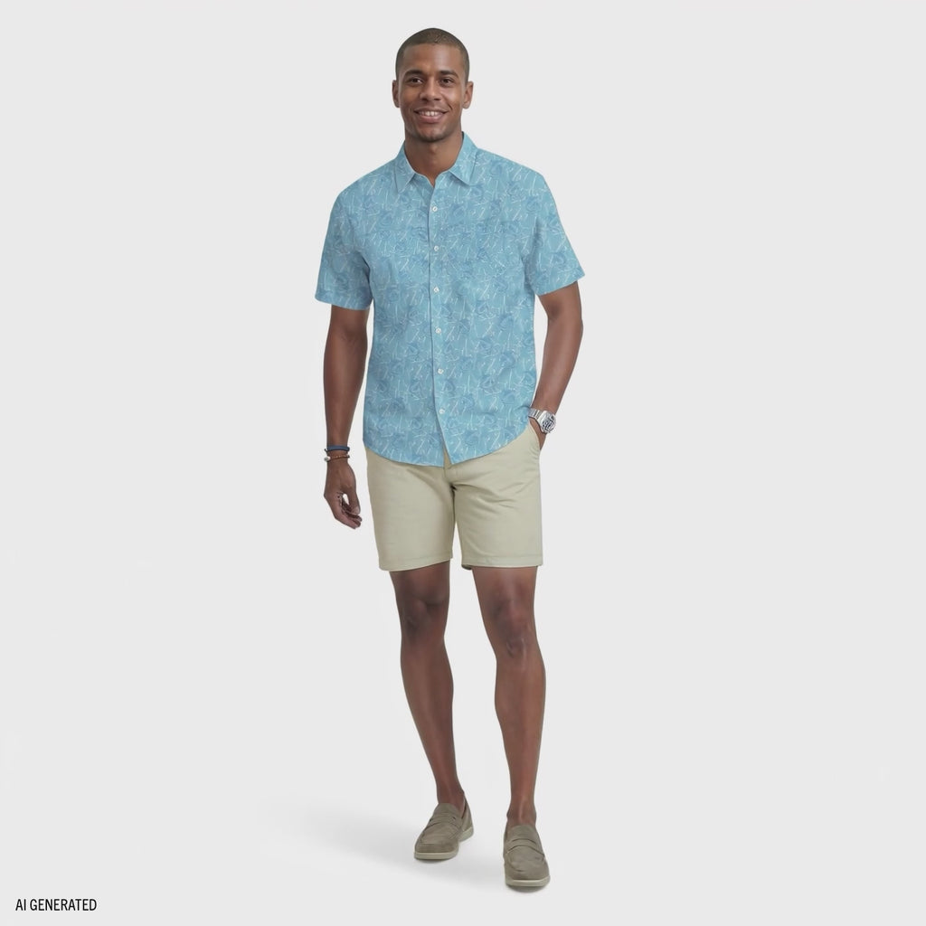 Izod Mens Shirt Sunshield Performance Short Sleeve Printed Button Down Shirt Blue 