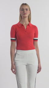 RAQUEL SHORT-SLEEVE POINTELLE SWEATER POLO - CAYENNE