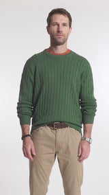CABLE KNIT CREWNECK SWEATER - DARK GREEN