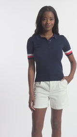 RAQUEL SHORT-SLEEVE POINTELLE SWEATER POLO - MEDIEVAL BLUE