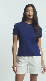 SKYLAR PERFORMANCE STRETCH SHORT-SLEEVE SWEATER - MEDIEVAL BLUE
