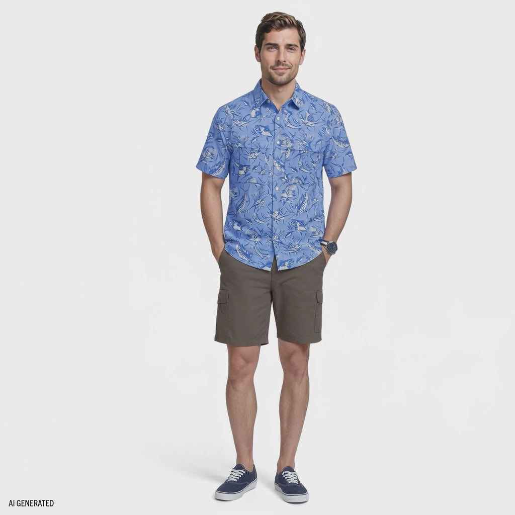 Izod Mens Shirt Sunshield Performance Short Sleeve Printed Button Down Shirt Blue 