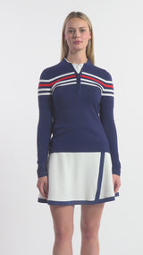 ZOEY STRIPED QUARTER ZIP SWEATER - MEDIEVAL BLUE