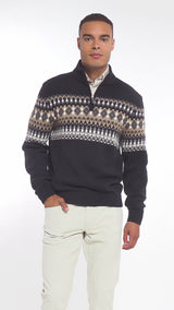 HOLIDAY FAIRISLE 
QUARTER ZIP SWEATER - BLACK