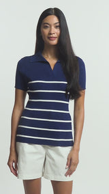JOANA PERFORMANCE STRETCH STRIPED SHORT SLEEVE SWEATER POLO - MEDIEVAL BLUE