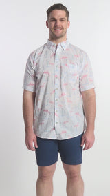 BIG & TALL DOCKSIDE SHORT SLEEVE CHAMBRAY PRINTED SHIRT - BRIGHT WHITE