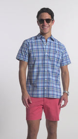 MADRAS PLAID SHORT SLEEVE BUTTON DOWN SHIRT - CHAMBRAY BLUE
